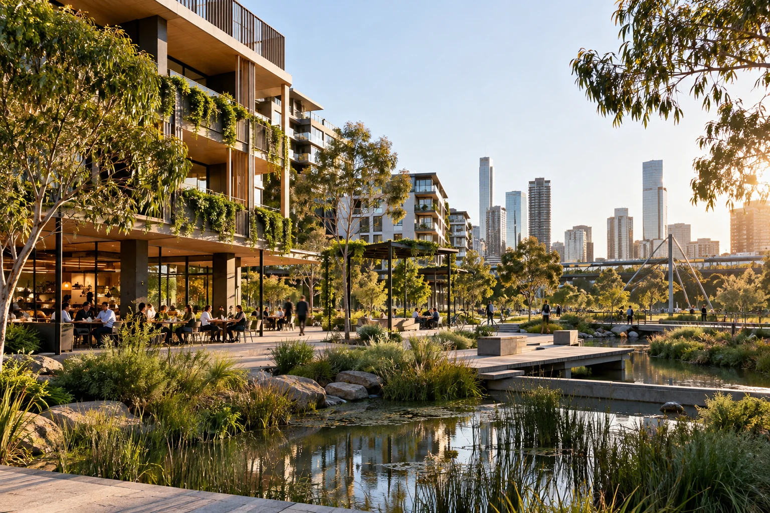 Tree-lined urban community with apartments, walking paths and planted waterway