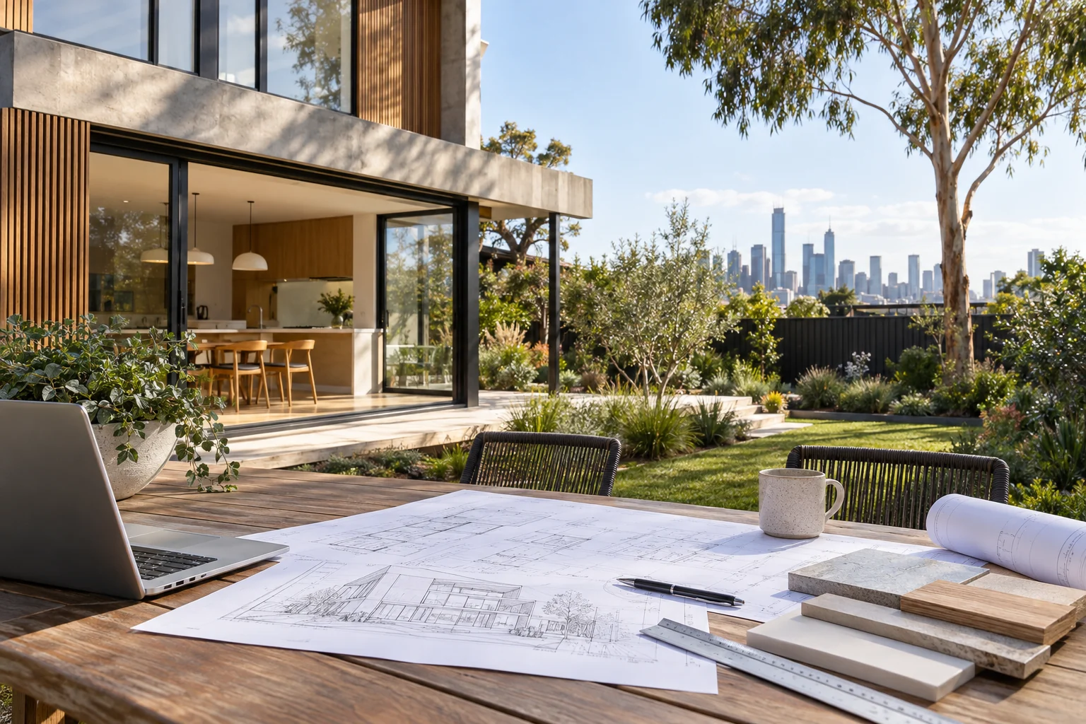 Architectural plans and material samples beside a proposed contemporary home