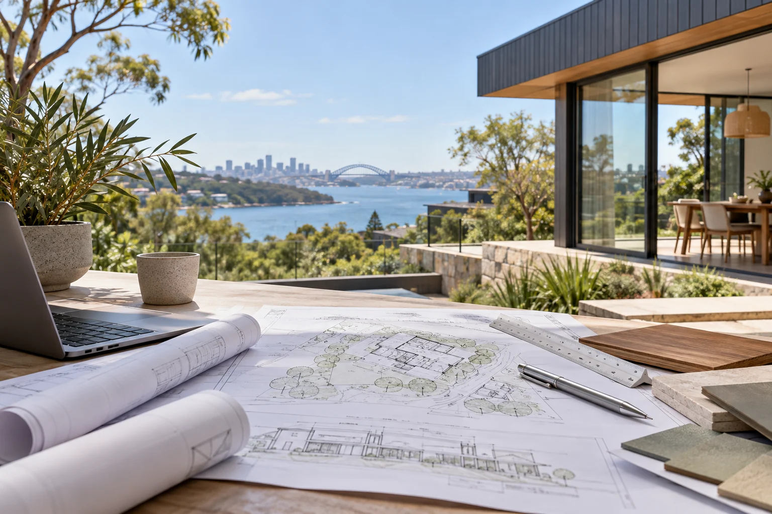 Residential planning documents and site drawings arranged for review