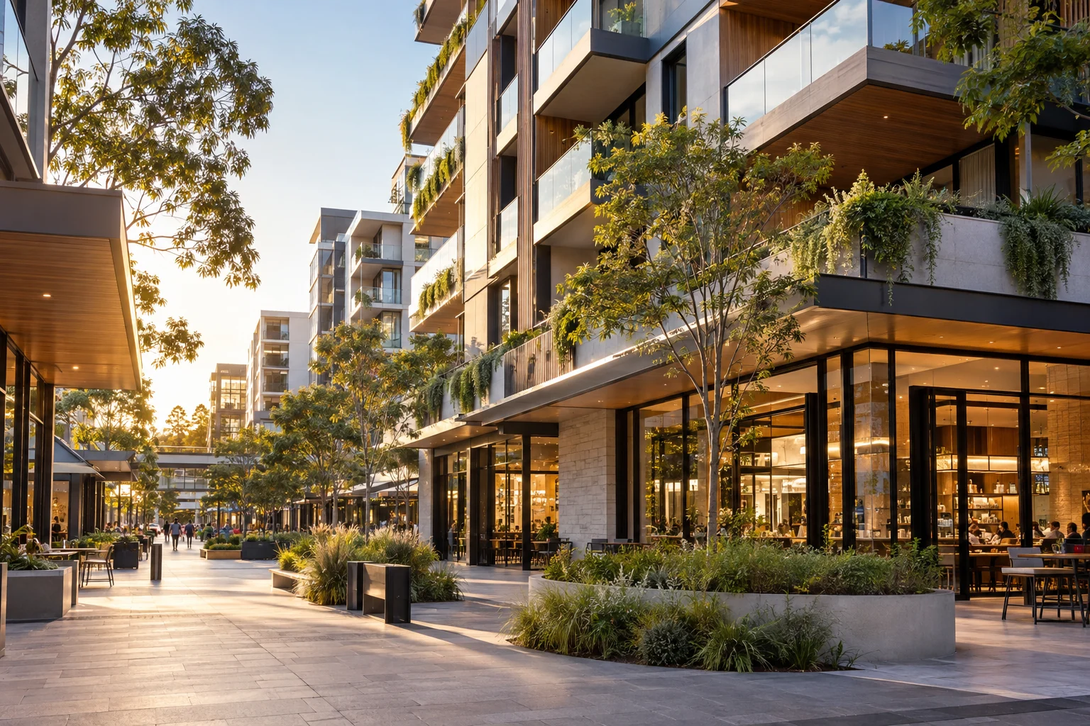Mixed-use precinct with ground-floor shops, apartments and pedestrian spaces