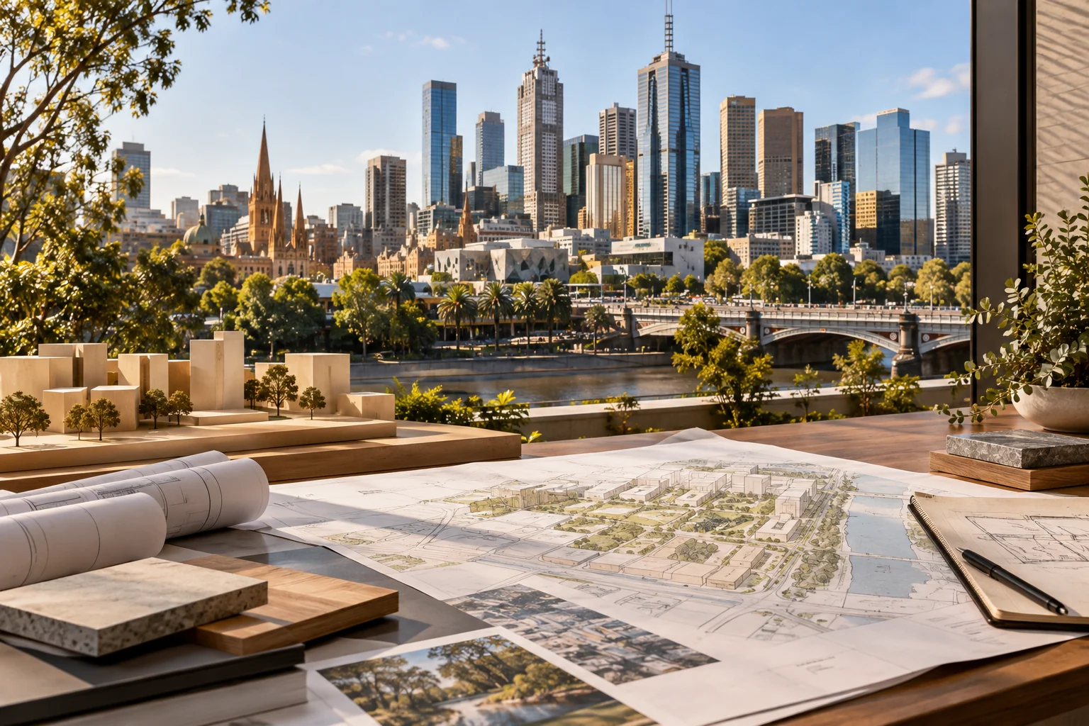 Architectural model and urban plans overlooking central Melbourne