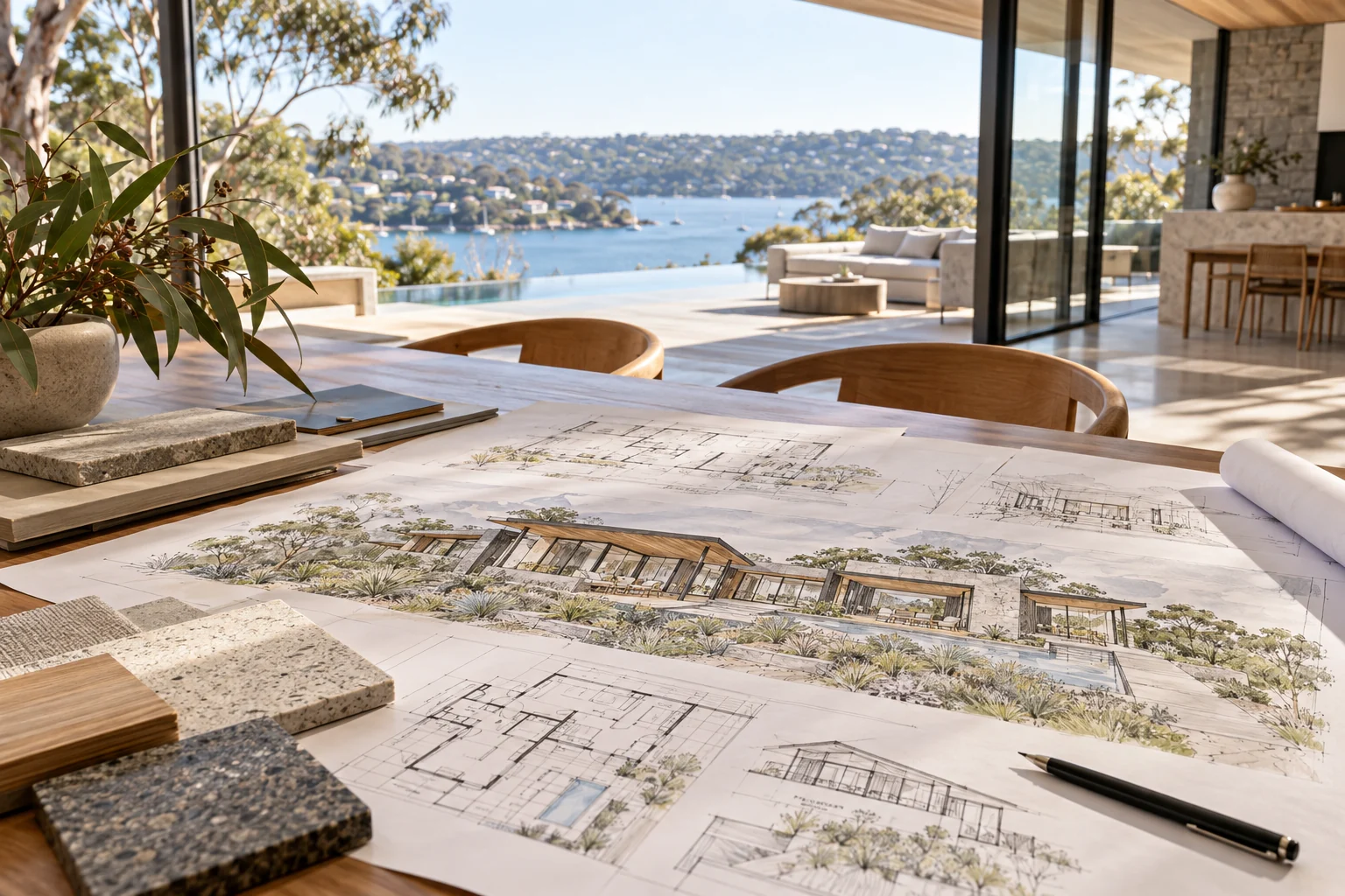 Architectural concept sketches, floor plans and a perspective drawing