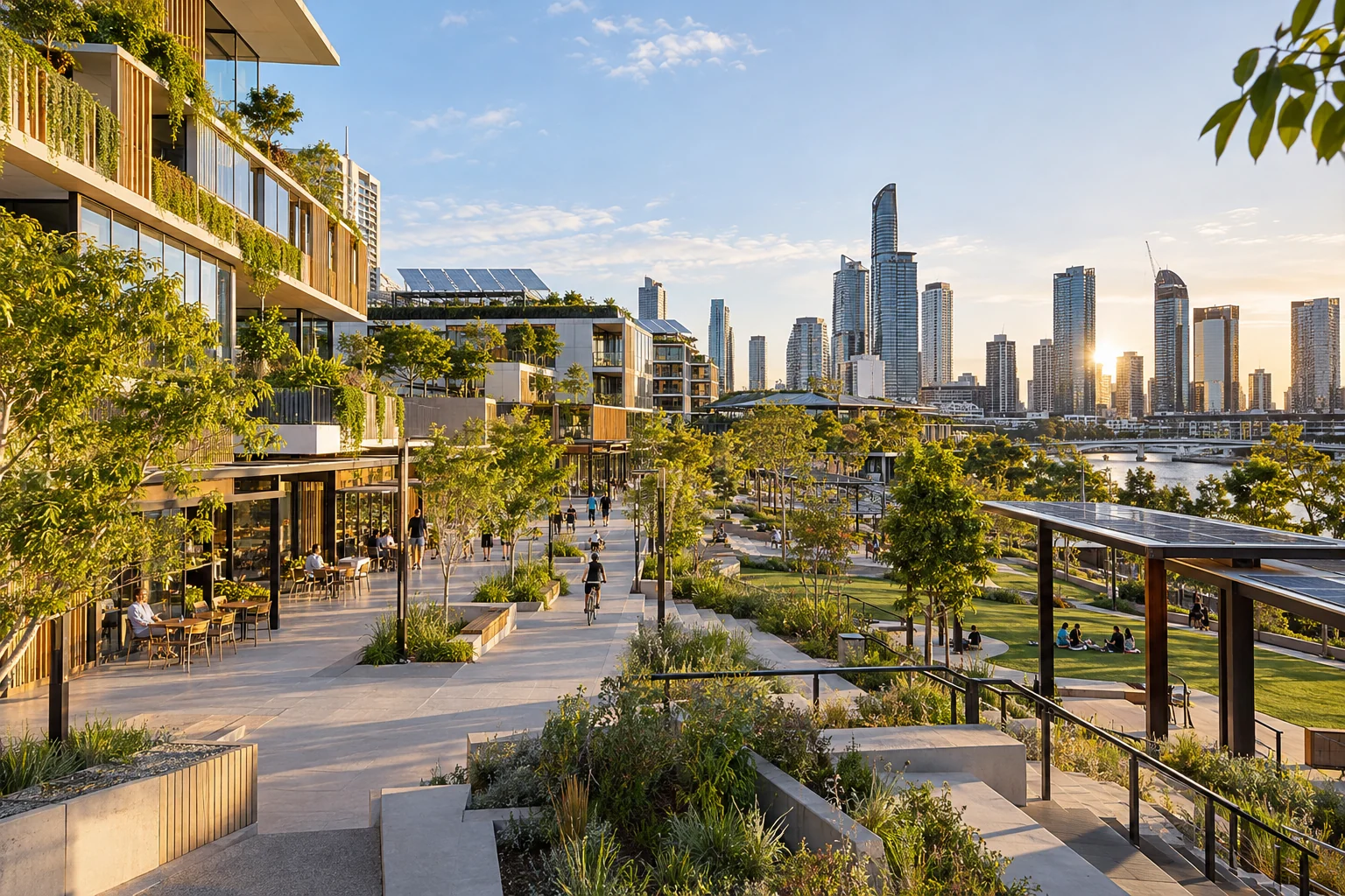 Connected urban precinct with public transport, solar panels and pedestrian spaces