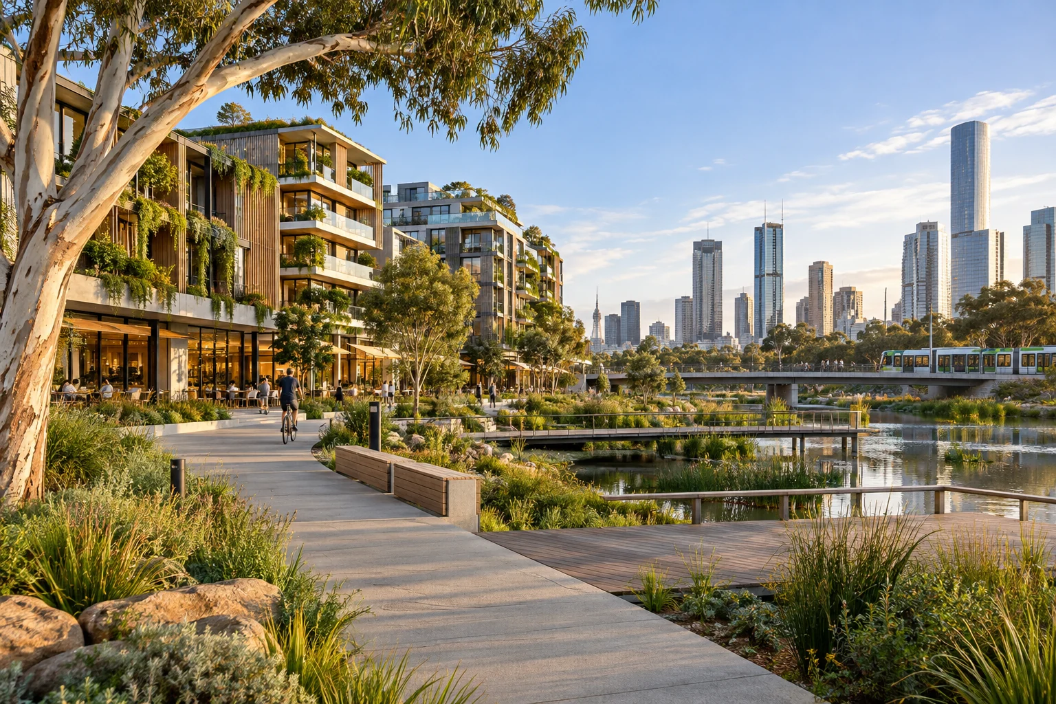 Sustainable urban precinct with planted waterways and public transport