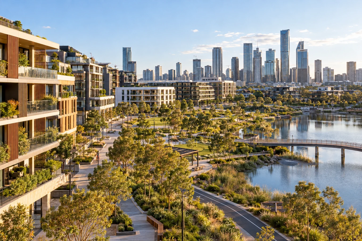 Master-planned waterfront neighbourhood with homes, public spaces and connected paths