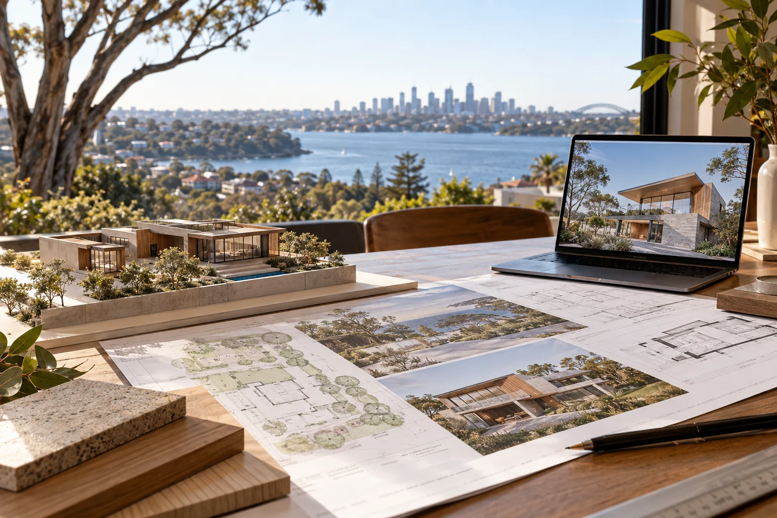 Concept drawings, a scale model and a digital visualisation of a house