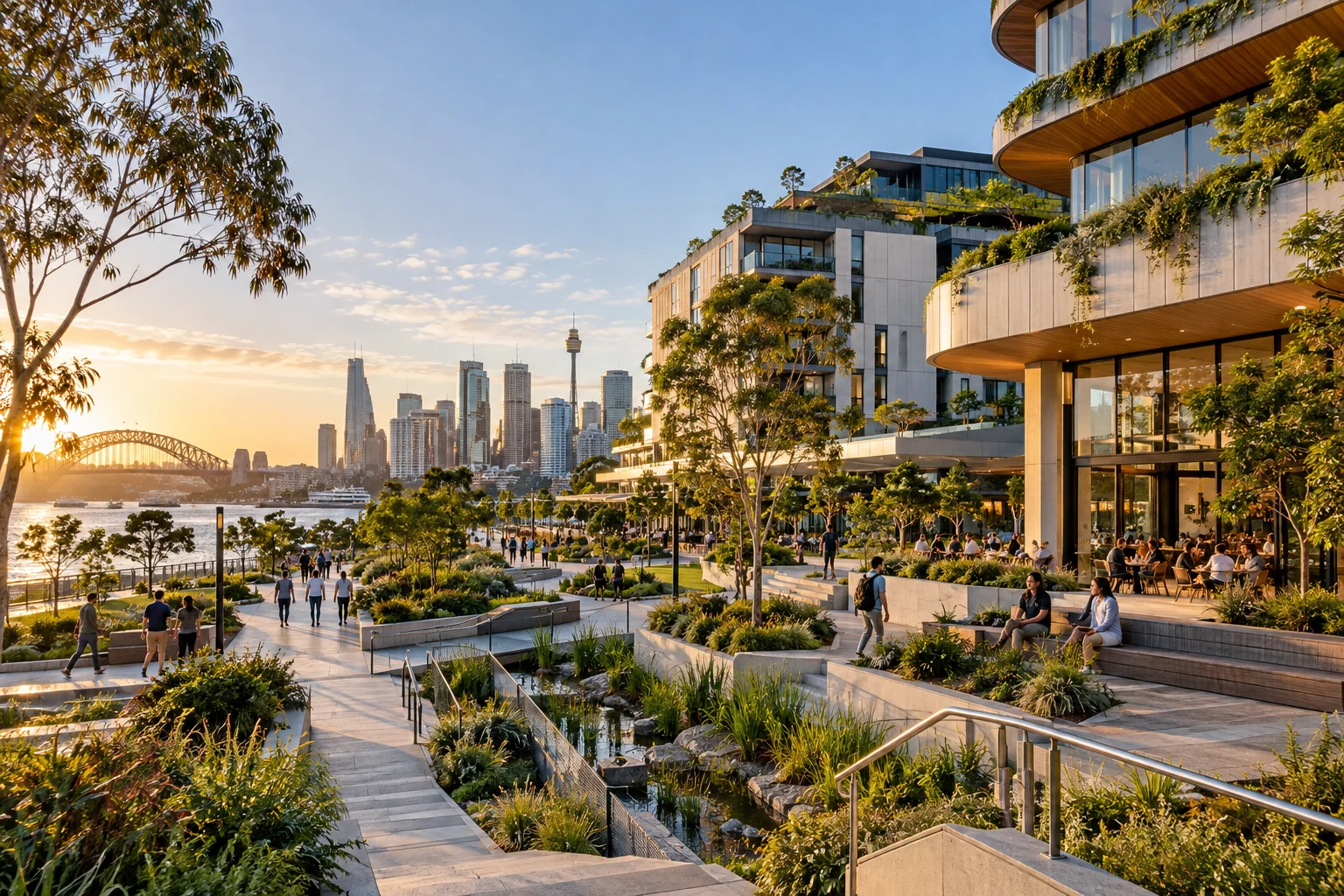 Contemporary mixed-use streetscape with terraces and public spaces