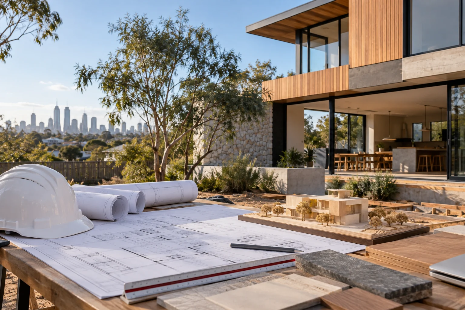 Building plans and scale model prepared for a construction permit review