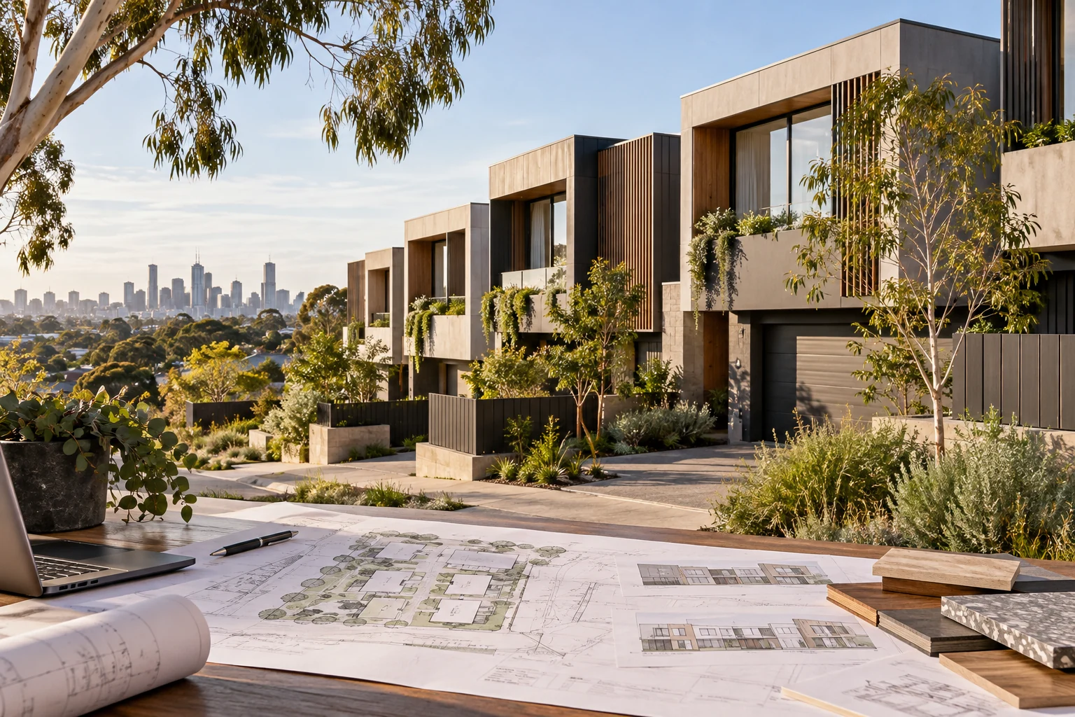 Multi-dwelling site plans in front of a landscaped townhouse development