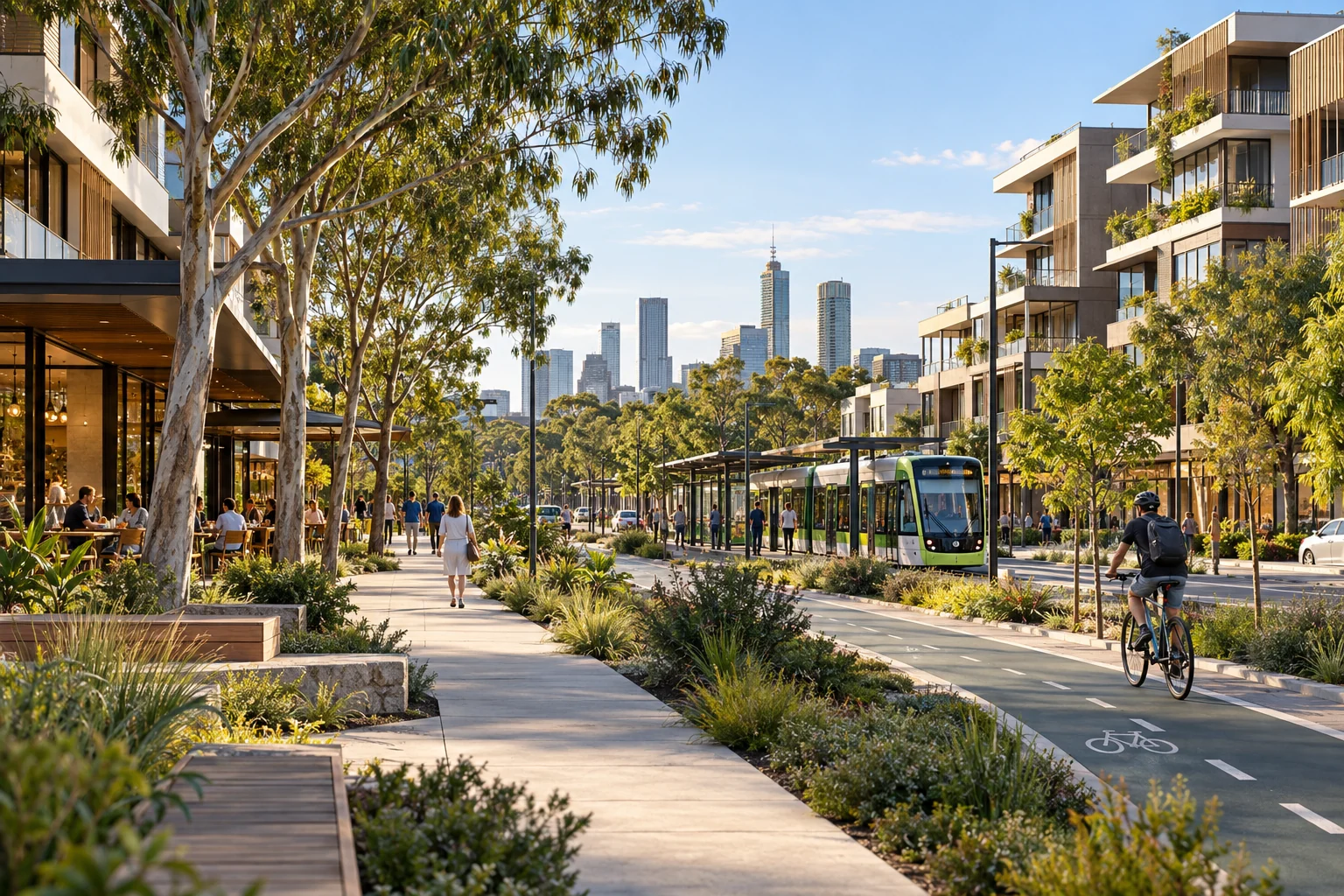 Walkable neighbourhood with a tram, cycle lane and landscaped pedestrian route