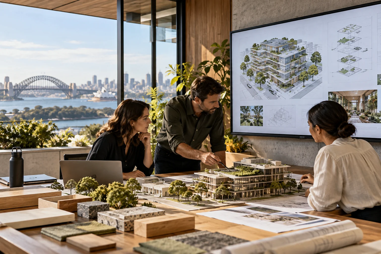 Design team reviewing a flexible building model and digital architectural plans
