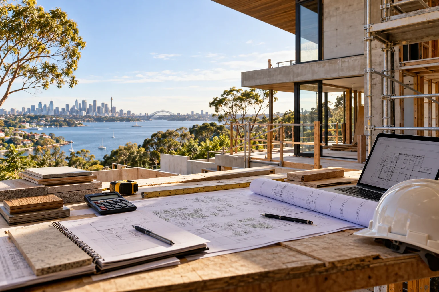 Construction budget planning with drawings, a calculator and material samples