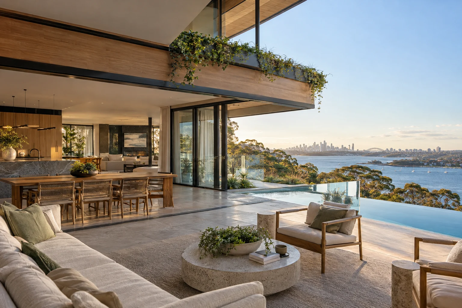 High-end living space opening onto a landscaped terrace with water views
