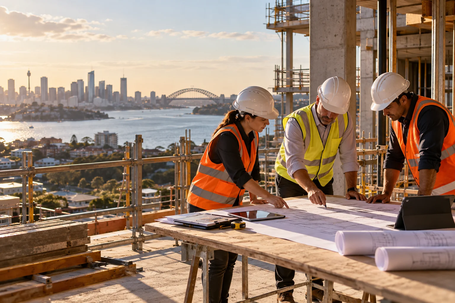 Project managers reviewing construction drawings on a building site