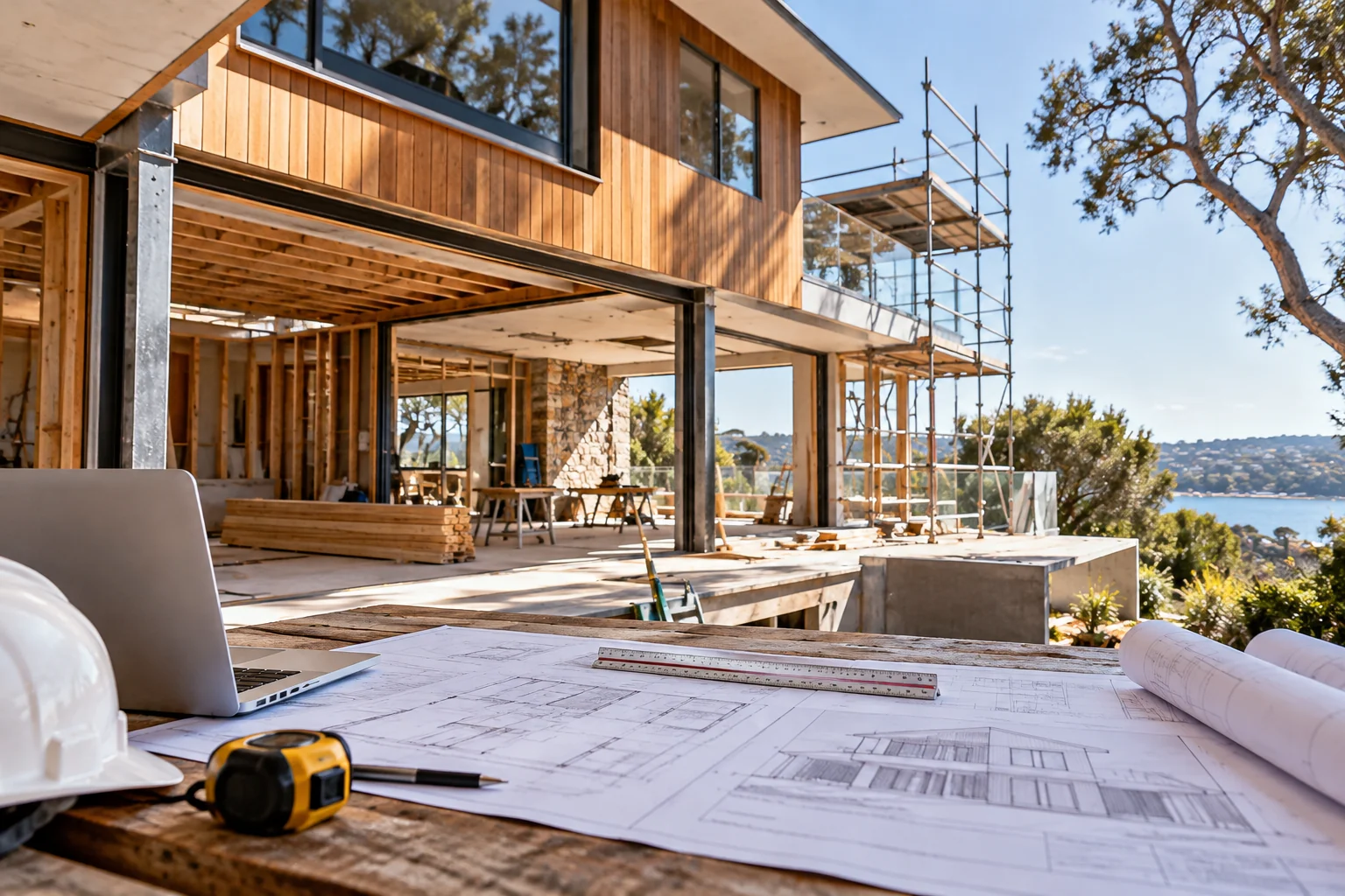 Building drawings, measuring tools and safety helmet at a house construction site