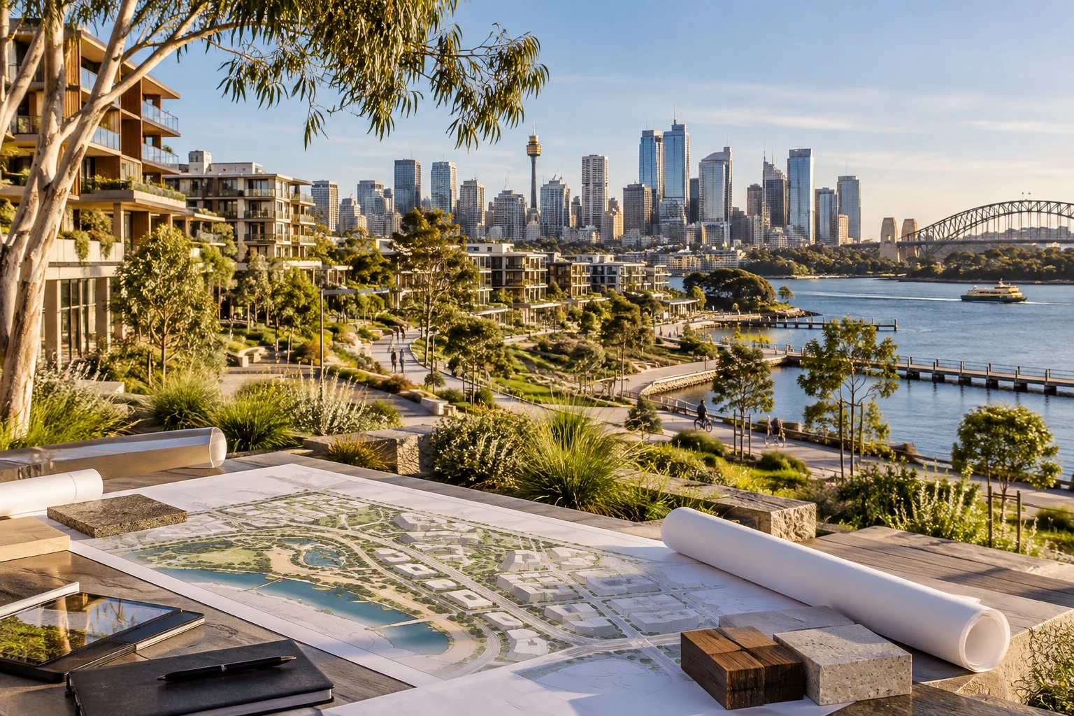 Urban master plan overlooking a landscaped waterfront development