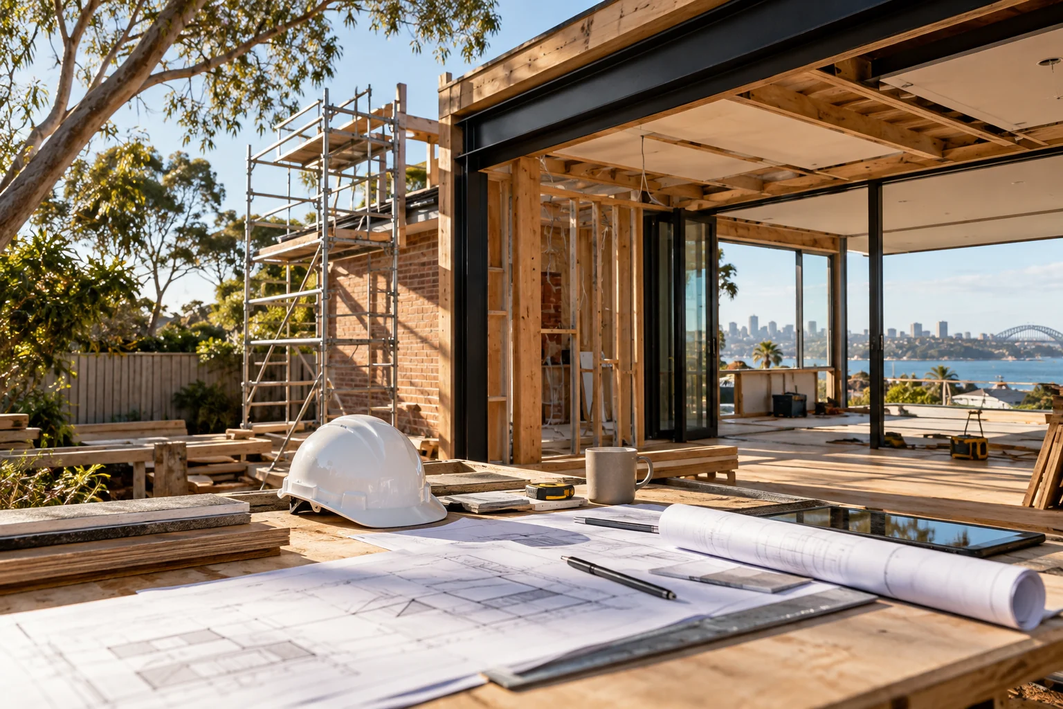 Building permit plans and safety equipment beside a residential construction site