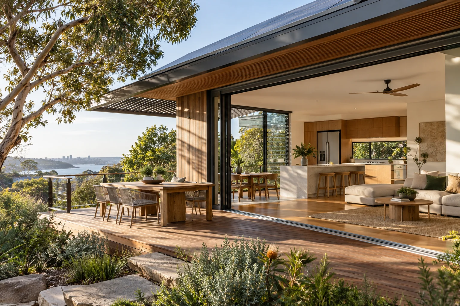Renovated living area opening onto a shaded deck and native garden