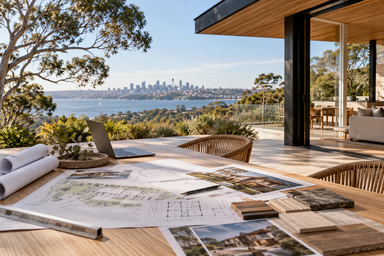 Architectural planning documents, material samples and project visualisations