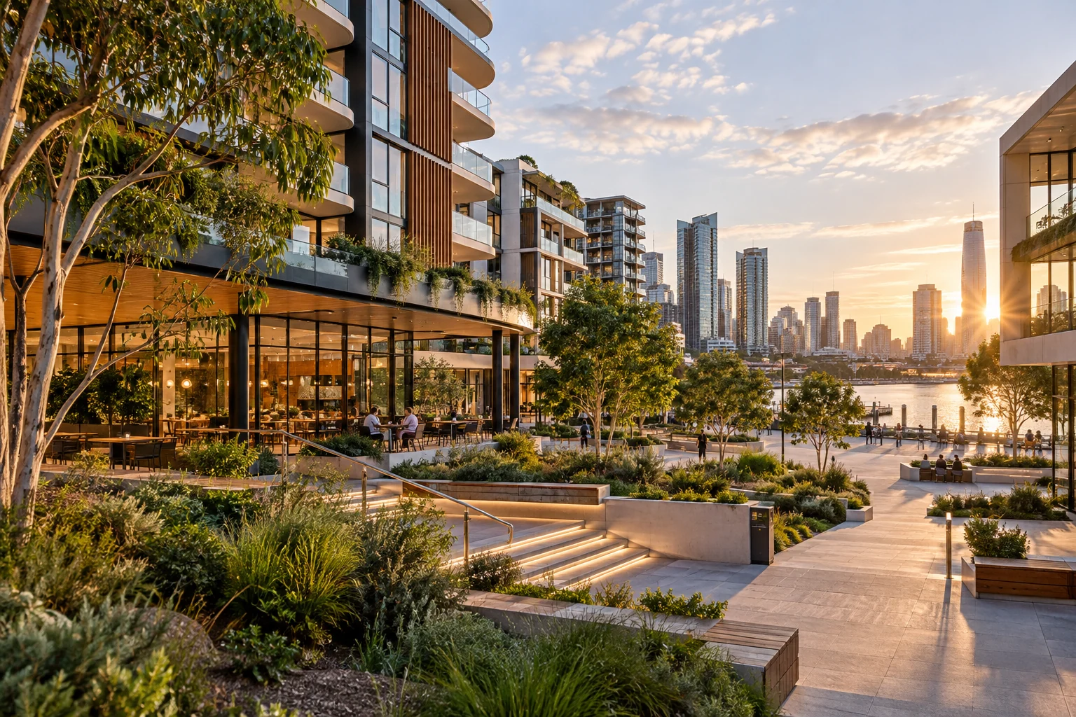 Modern urban apartments surrounding a landscaped public courtyard