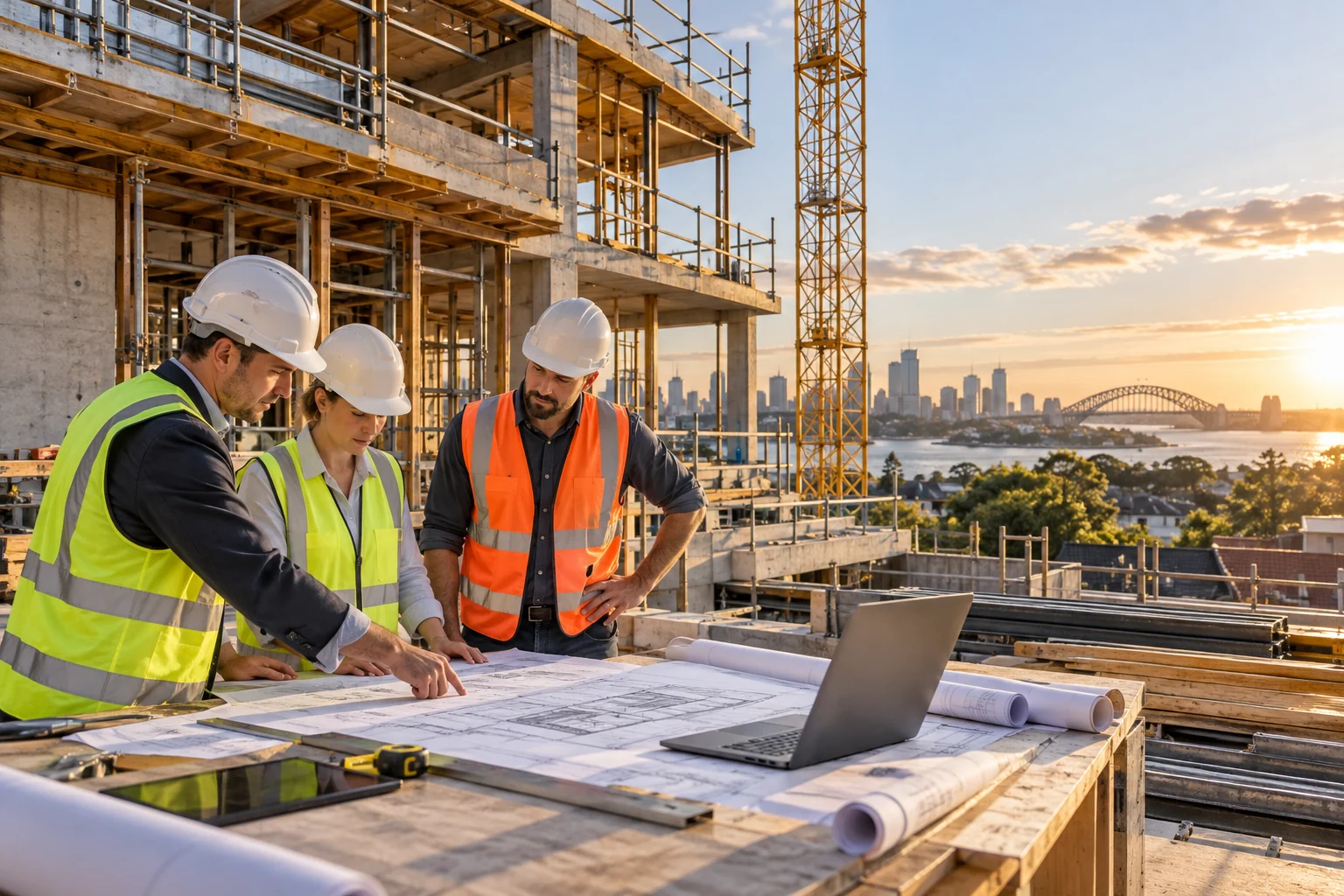 Construction team coordinating building drawings and site information