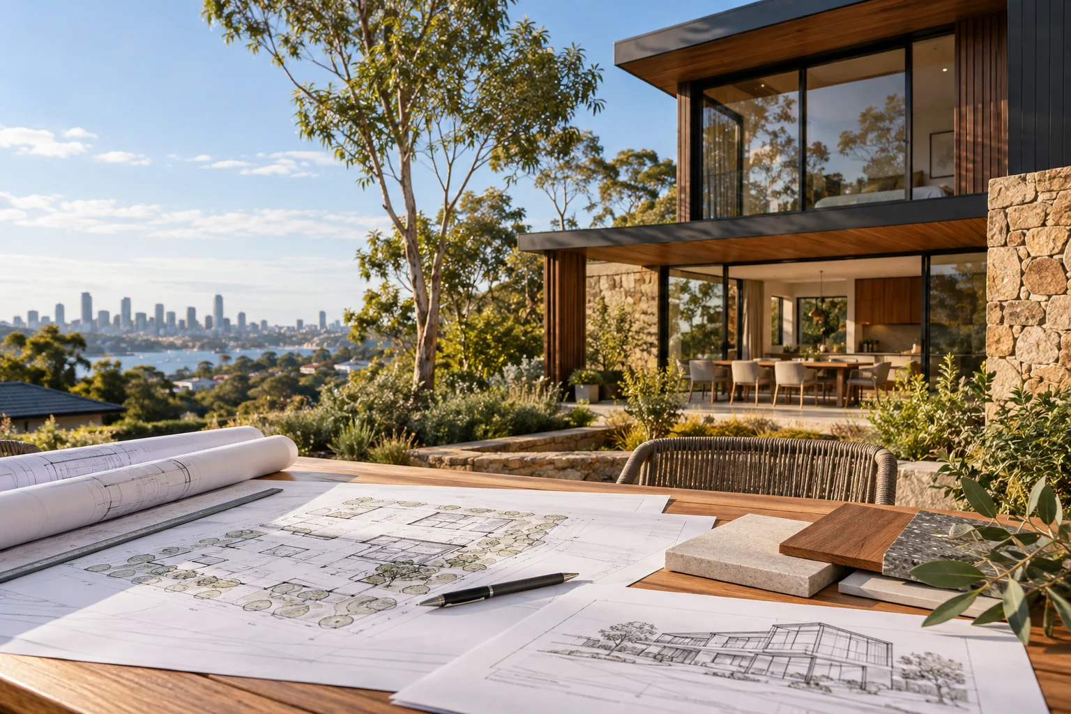 Planning permit drawings and material samples for a residential project