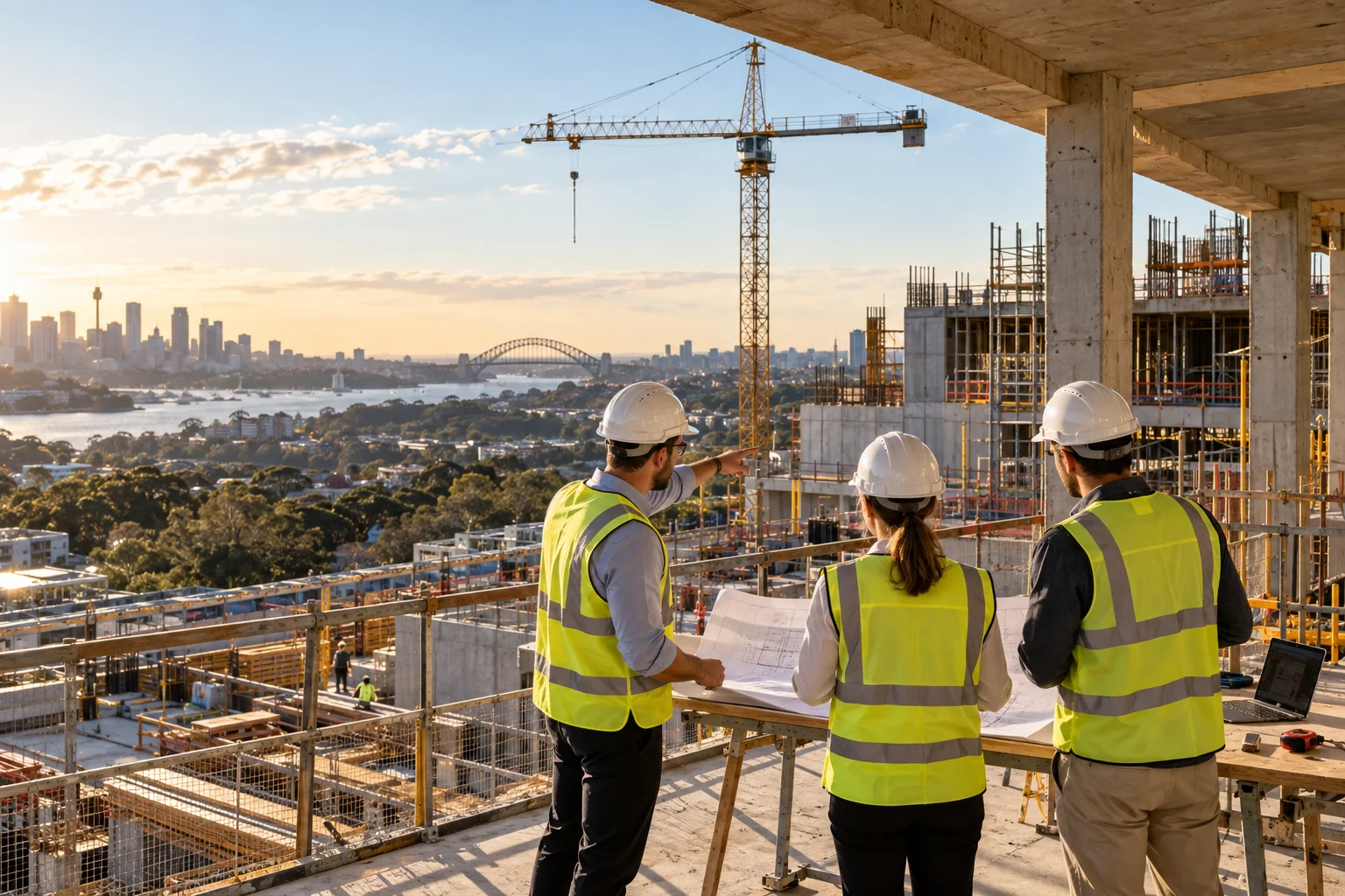 Construction team reviewing drawings on a building site