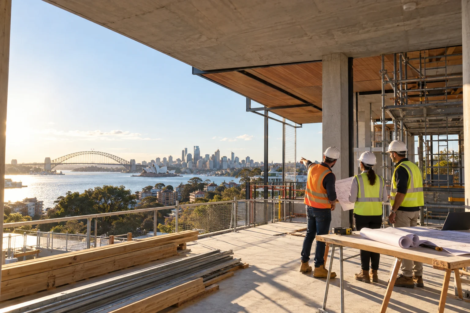 Construction supervisors coordinating plans on an active building site