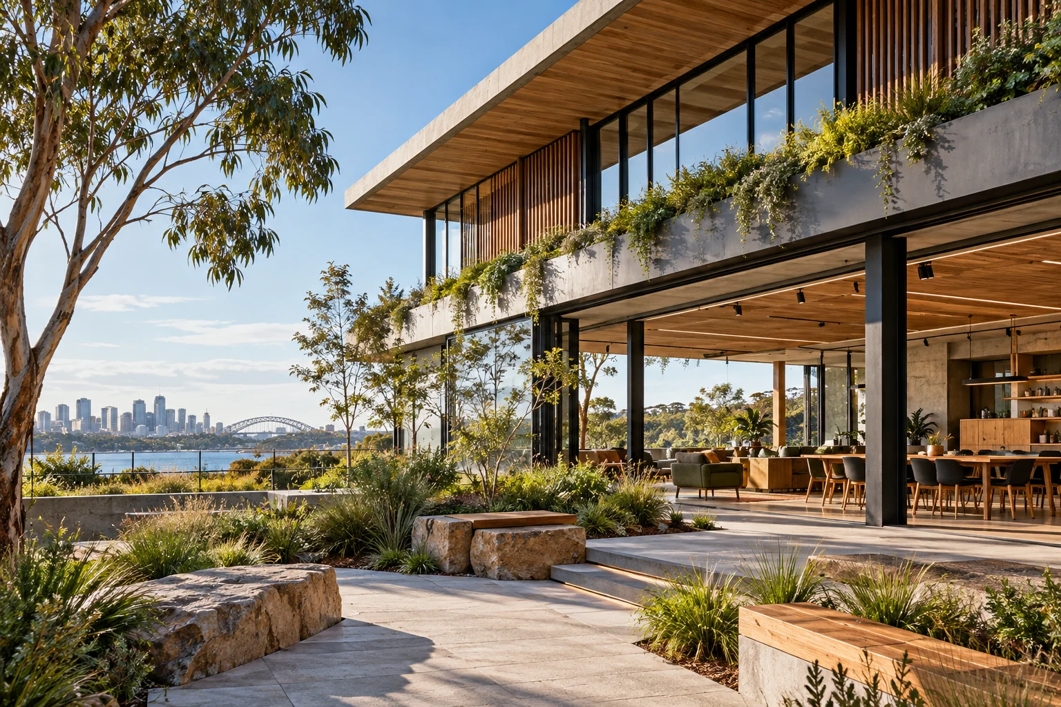Well-proportioned building with shaded glazing and integrated landscaping