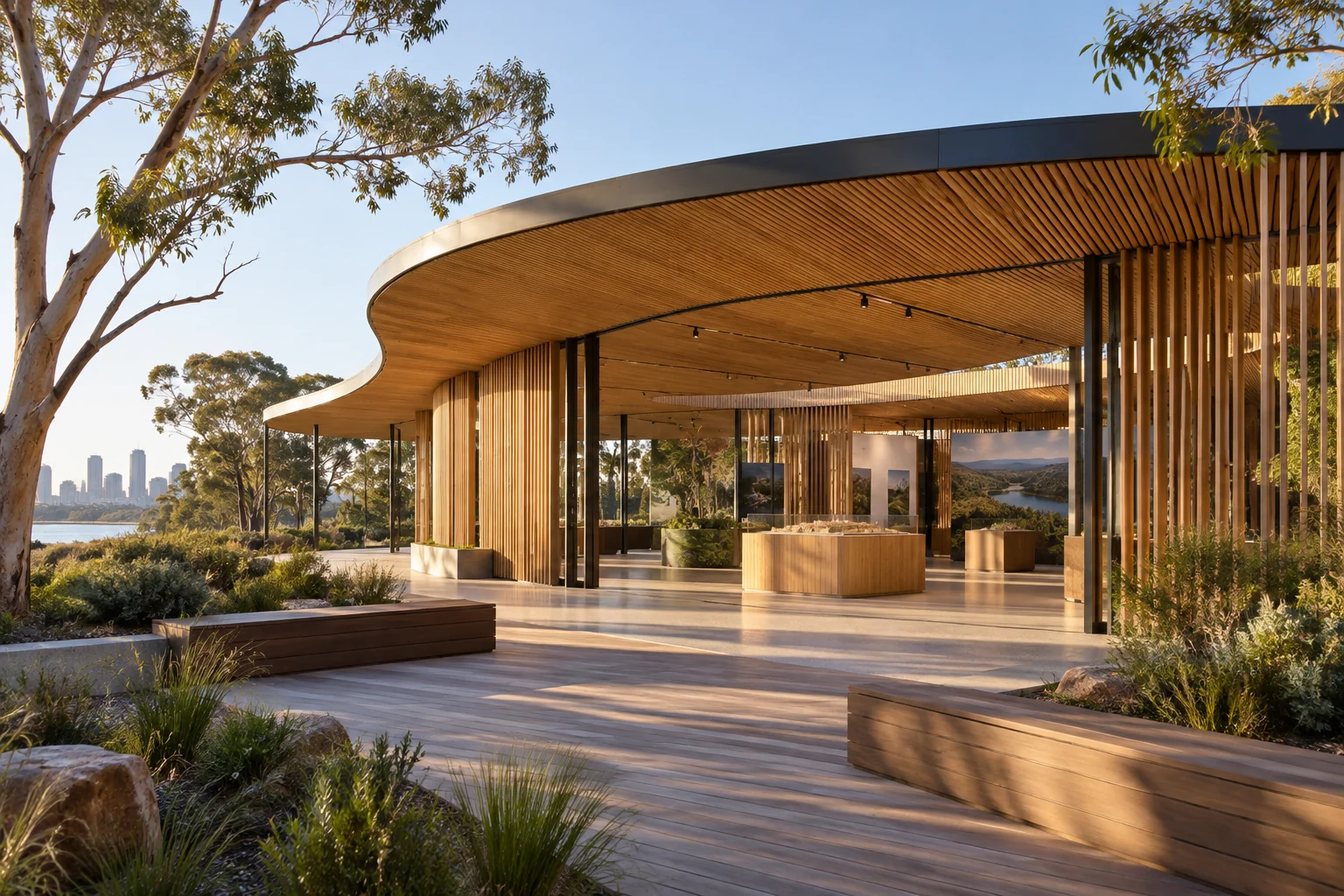 Contemporary timber pavilion with sheltered seating and landscaped public space