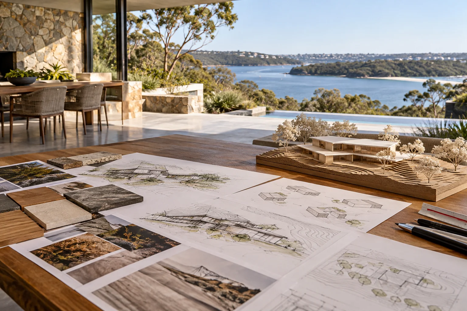 Concept sketches and a site model exploring a residential design