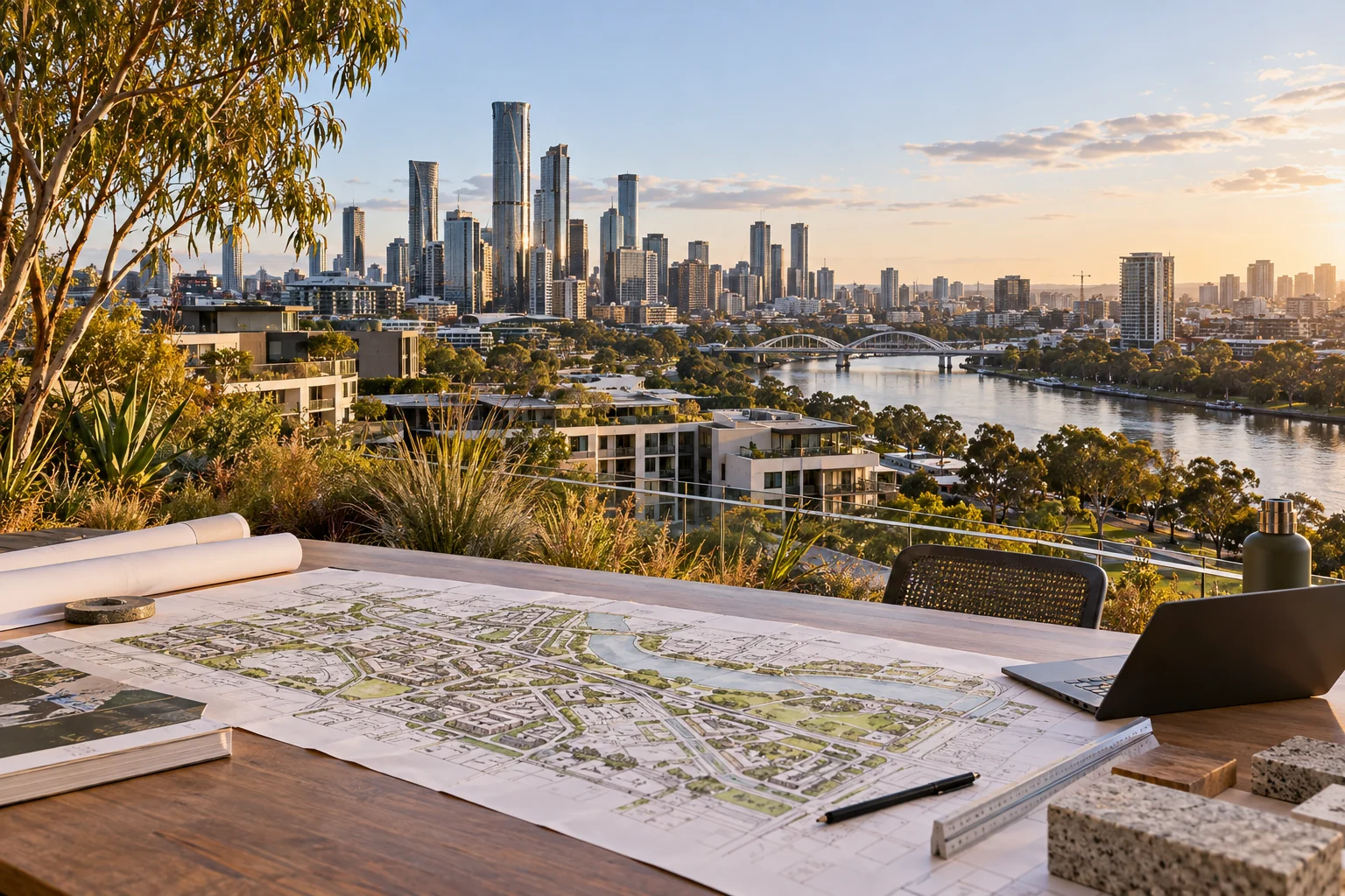Urban master plan overlooking a connected riverside precinct