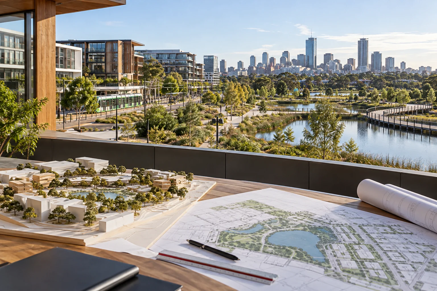 Municipal concept plans and scale model overlooking landscaped public spaces