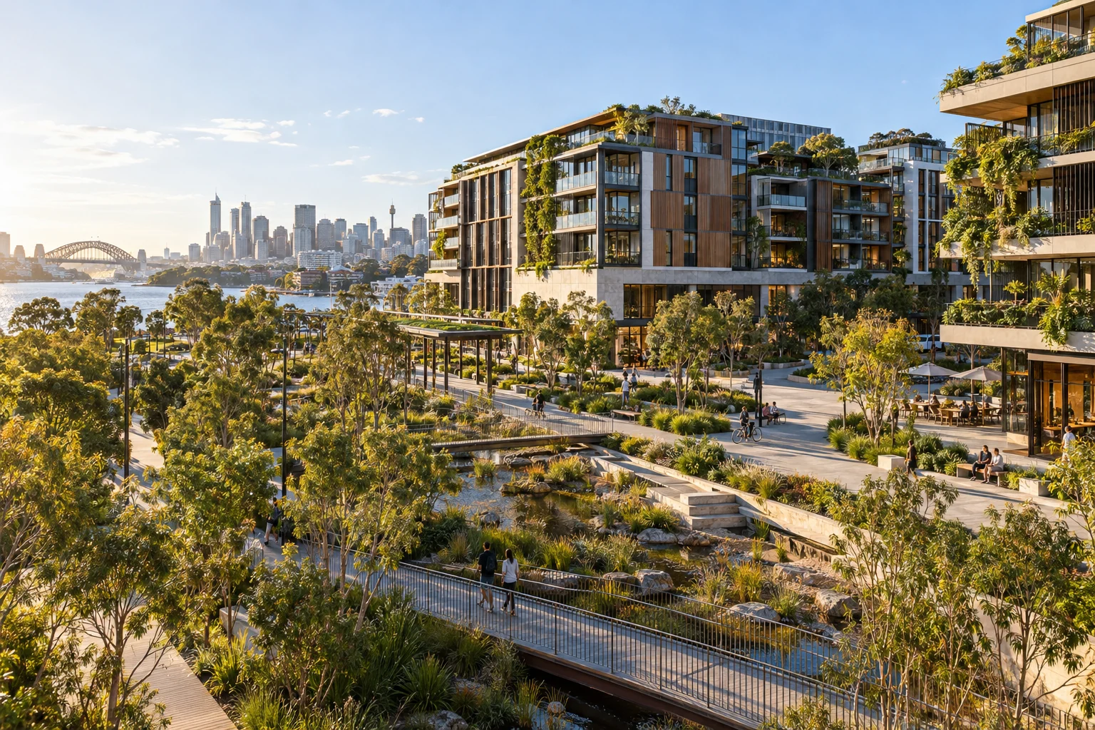 Urban neighbourhood with green infrastructure and a planted stormwater corridor