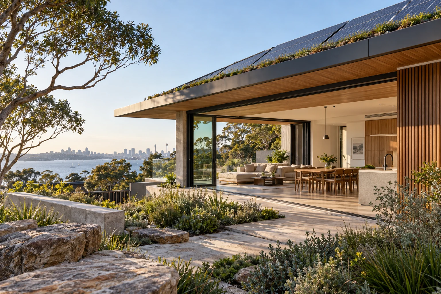Contemporary energy-efficient home with roof solar panels and deep shading
